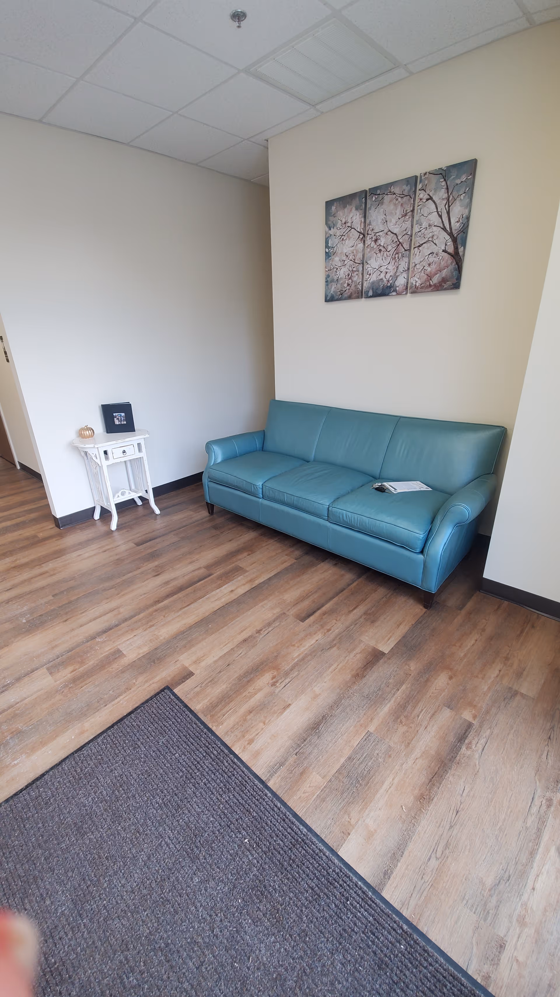 A teal sofa sits in a small, tidy waiting area with artwork on wall.