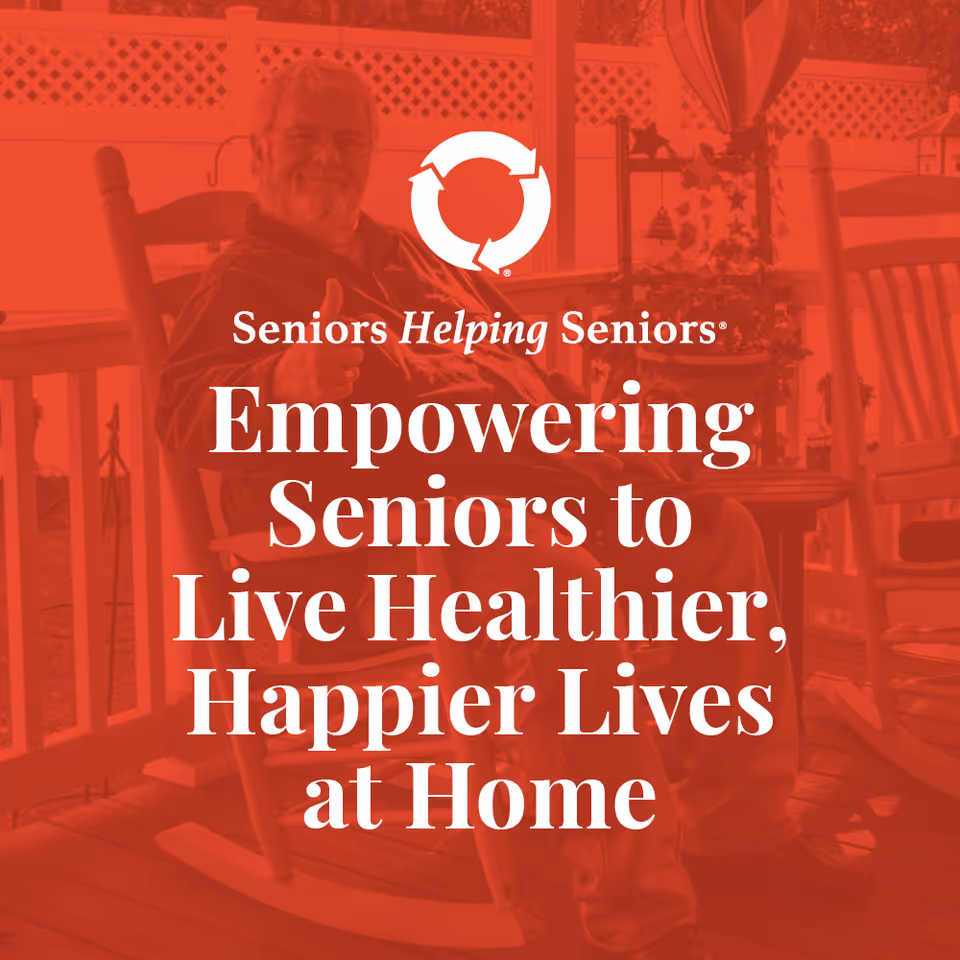 Senior man seated on a porch with rocking chairs, red overlay logo.