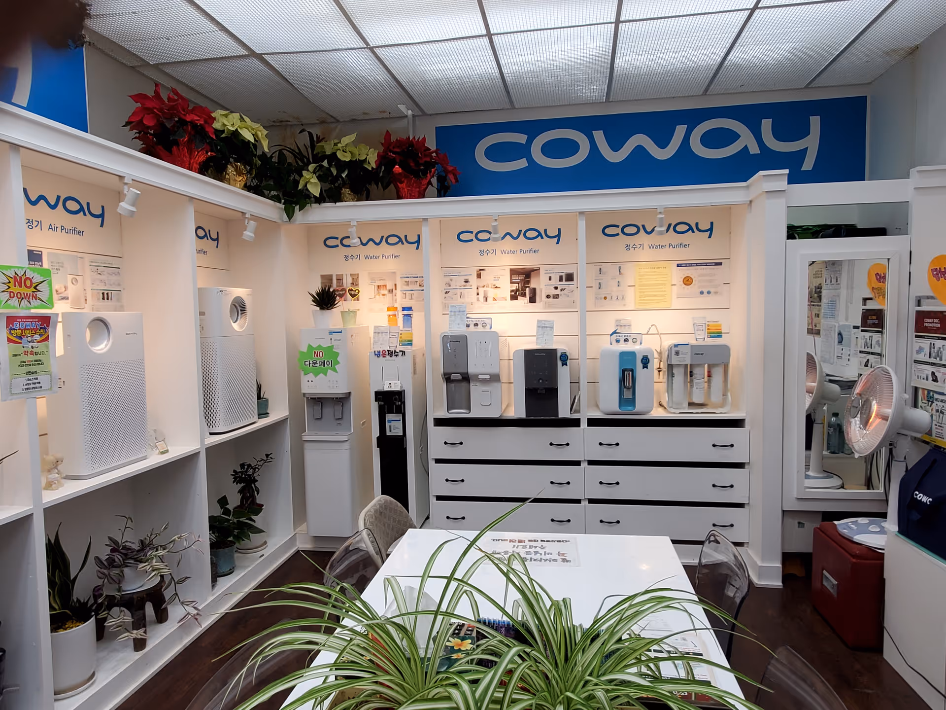 Interior Coway Woorimart showroom displaying water purifiers on white shelves with plants.