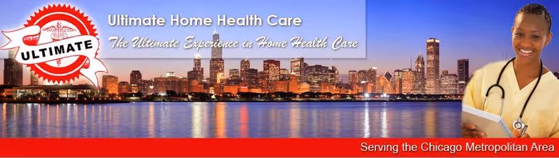 Banner for Ultimate Home Health Care featuring skyline, logo, and nurse with stethoscope.